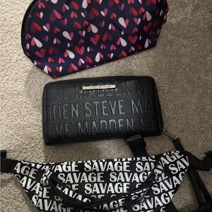 Steve Madden Black Wristlet, Avon Heart Pattern Makeup Bag, & Savage Fanny pack